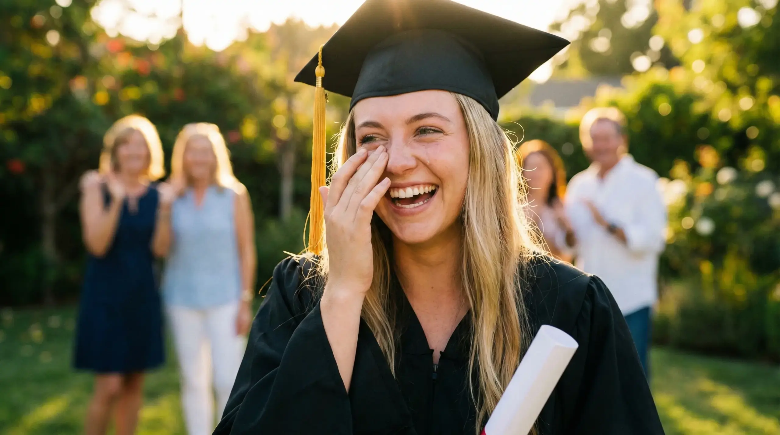 Mladá žena v promočnej čiapke dojatá z originálneho darčeka k promóciám od rodiny.