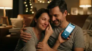 Dojatí manželia počúvajú svoju personalizovanú pesničku k výročiu svadby.