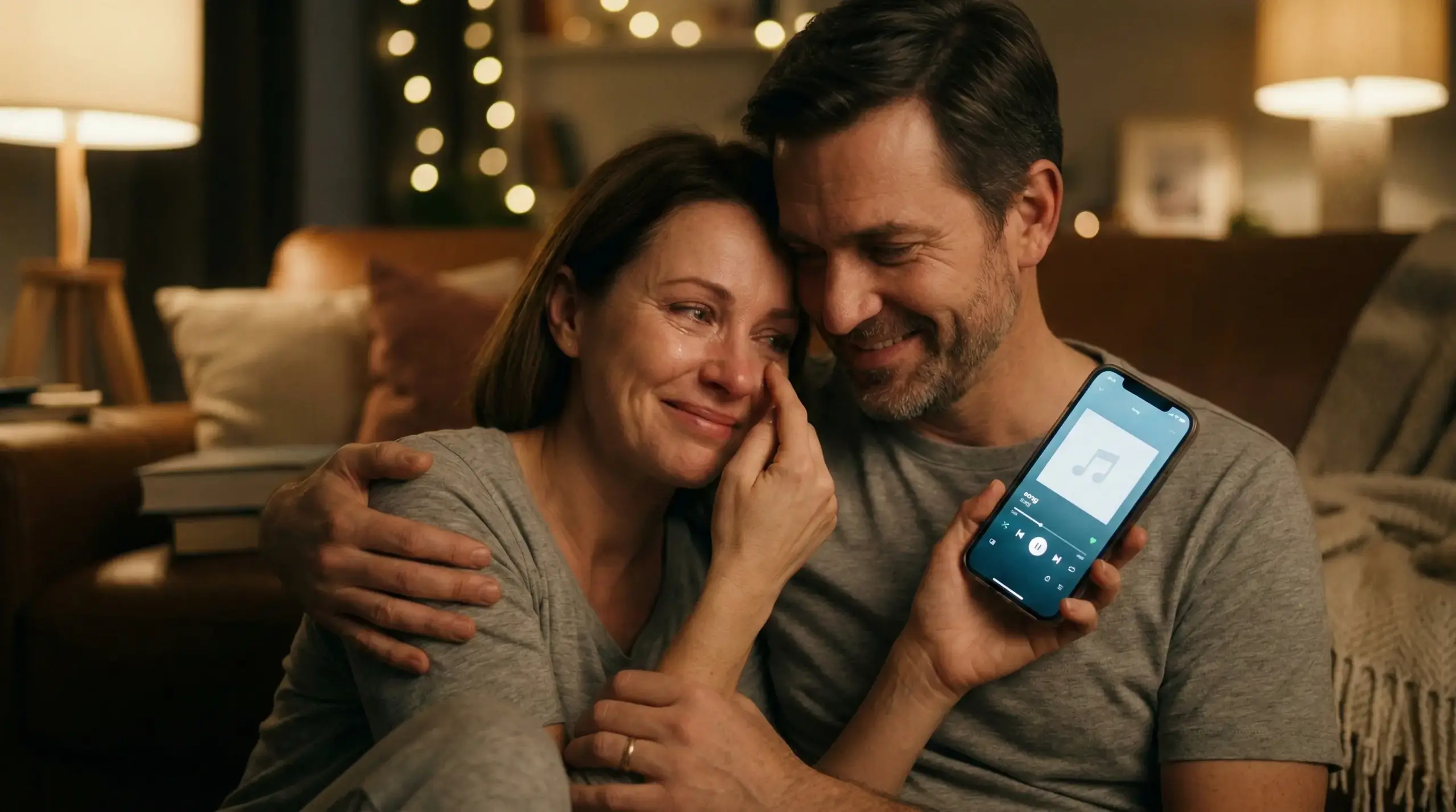 Dojatí manželia počúvajú svoju personalizovanú pesničku k výročiu svadby.