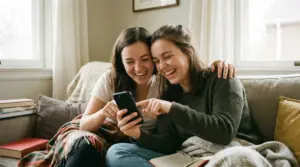 Dve sestry sa na gauči úprimne smejú pri počúvaní originálneho darčeka k meninám z mobilu.