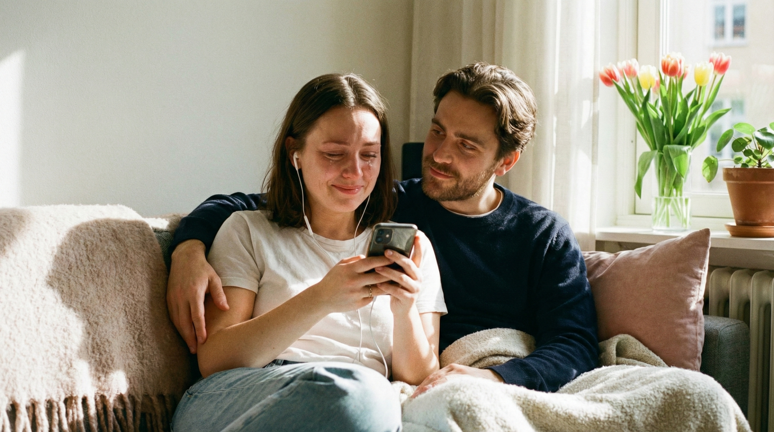 Žena počúva dojatá svoj originálny darček k MDŽ v slúchadlách