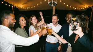 Kolegovia na firemnom večierku sa zabávajú pri počúvaní personalizovanej pesničky pre firmy.