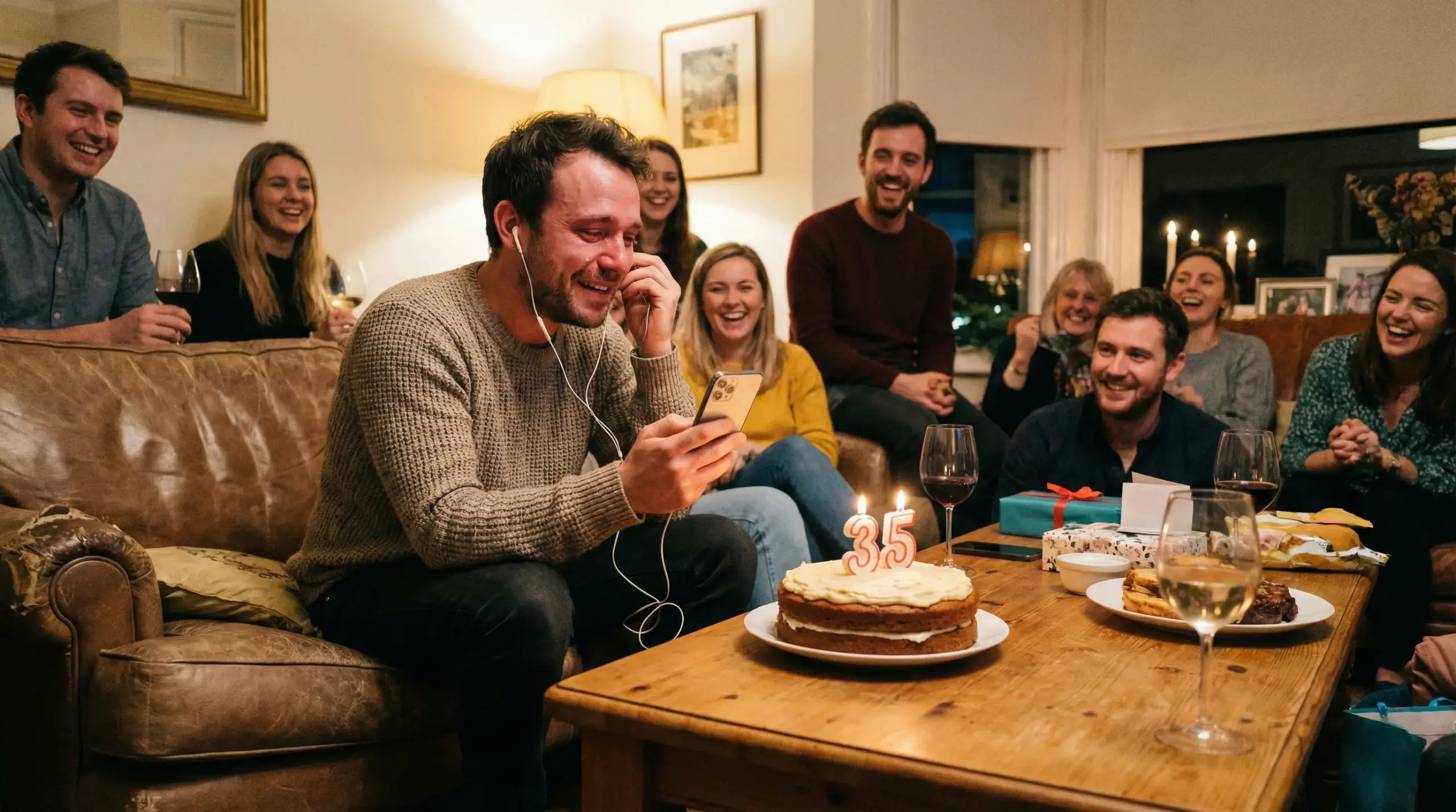 Muž dojatý k slzám pri počúvaní personalizovanej pesničky na mieru na narodeniny ako darček