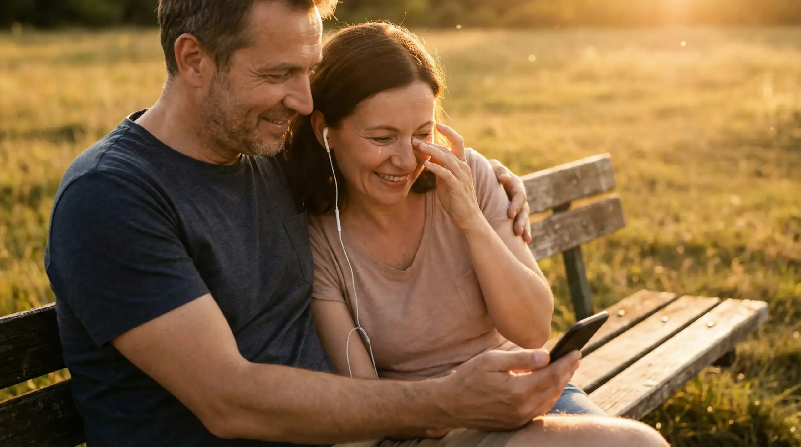 Zamilovaný pár počúvajúci darček k výročiu v podobe vlastnej piesne na mieru od Joyla