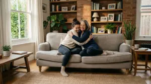 Láskyplné, vrúcne objatie dcéry a matky na pohovke v útulnej obývačke, vizuálna reprezentácia emócií pre pieseň ku Dňu matiek.