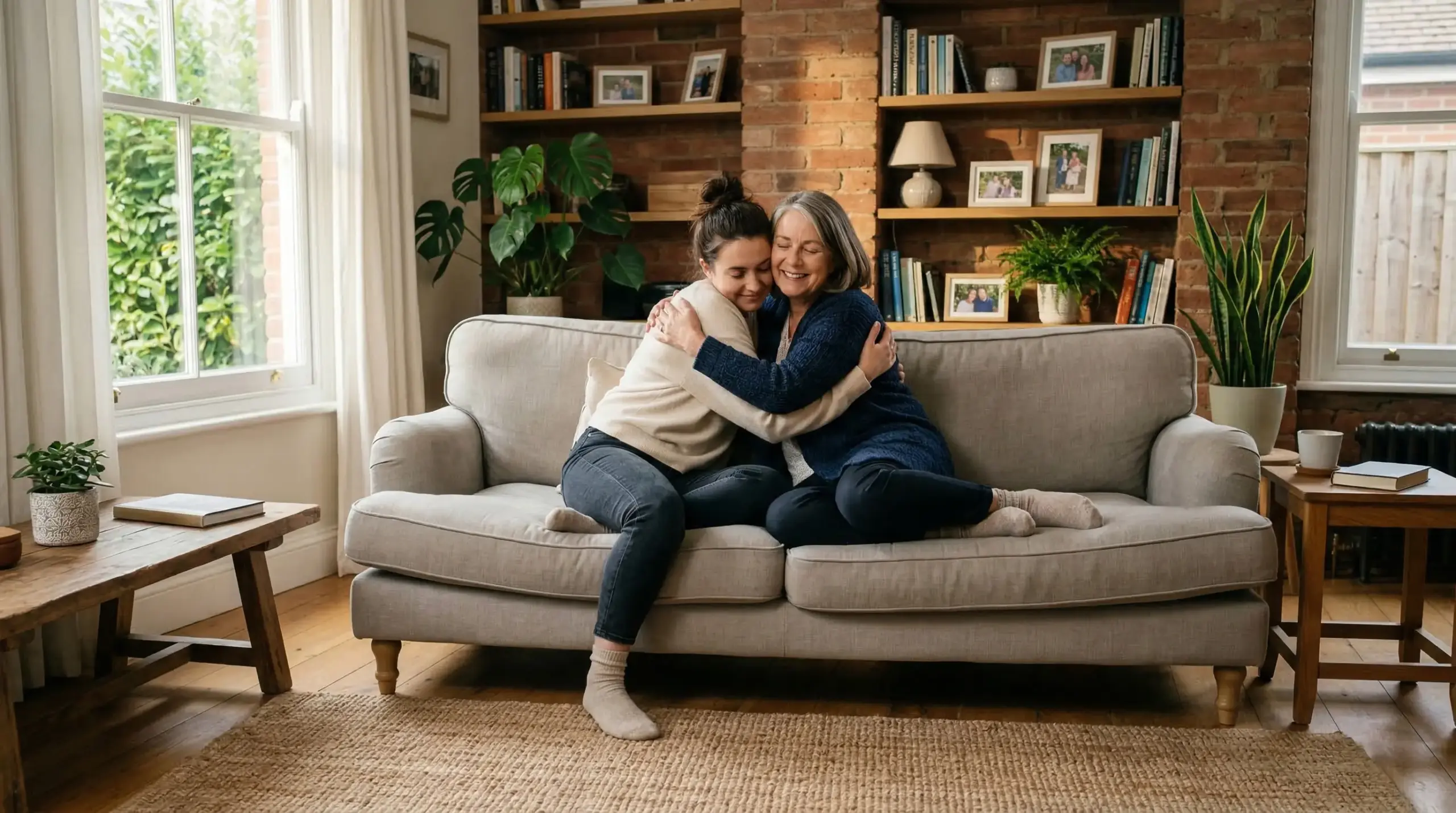 Láskyplné, vrúcne objatie dcéry a matky na pohovke v útulnej obývačke, vizuálna reprezentácia emócií pre pieseň ku Dňu matiek.