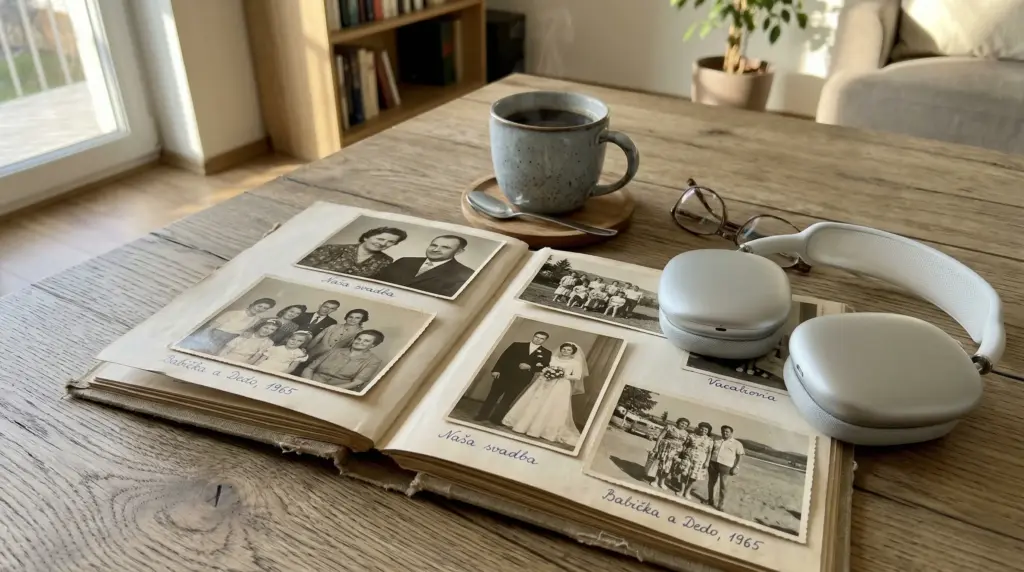 Rodinný fotoalbum a slúchadlá pripravené na počúvanie pesničky na mieru
