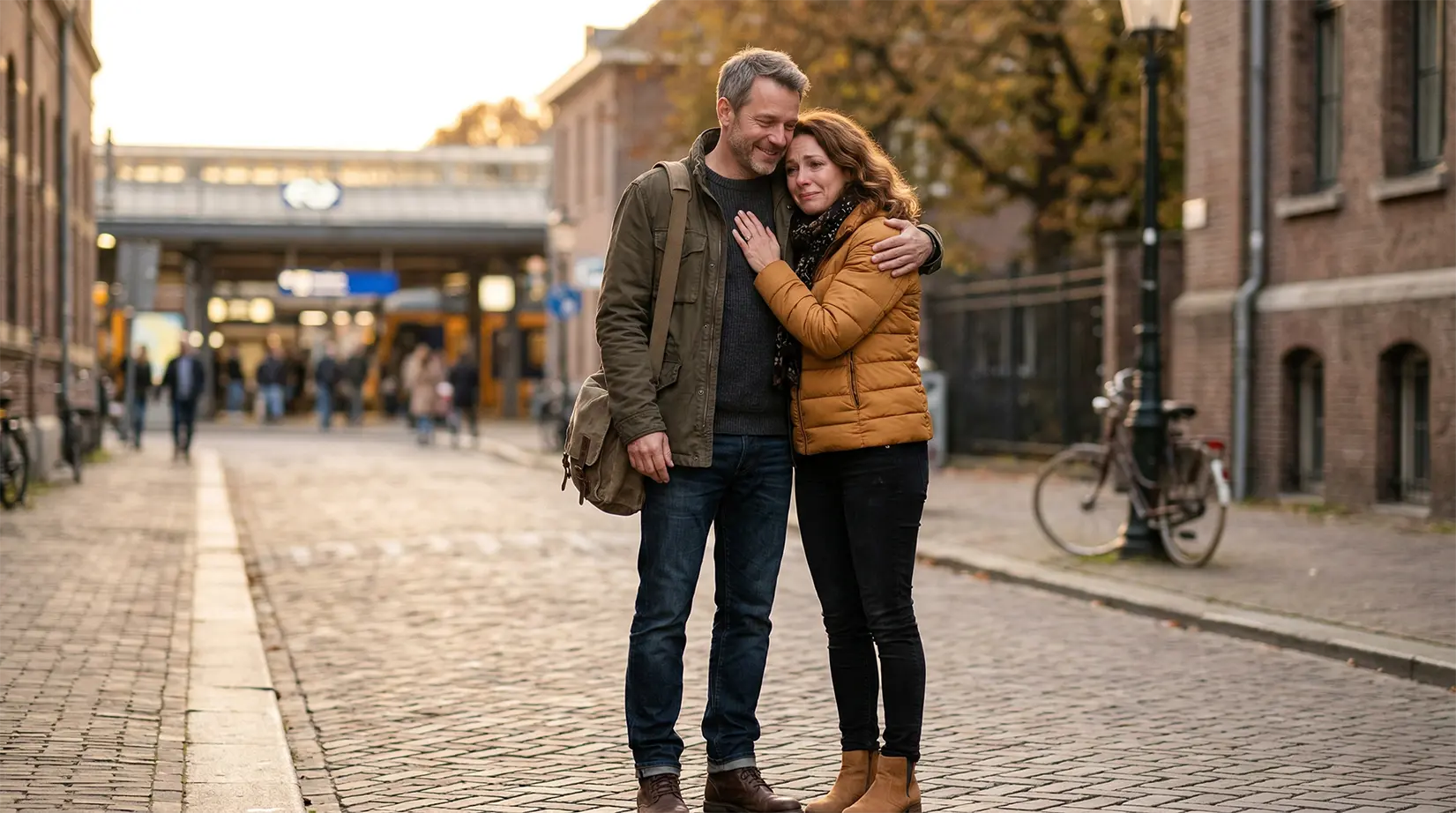 Dvaja štyridsaťroční dospelí ľudia sa emotívne lúčia vonku počas slnečného dňa a počúvajú pieseň rozlúčku